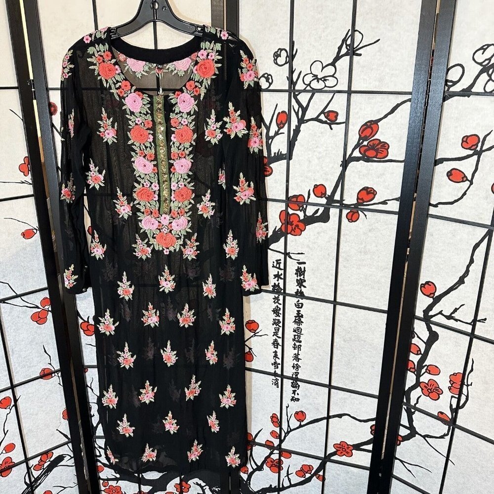 Vintage Black Silk Blend Sheer Flower Embroidered Tunic Long Dress Size S/M READ